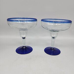 Hand Blown Margarita Glasses Set 2 Blue Foot/Rim BARWARE TIKI PARTY TEQUILLA RUM